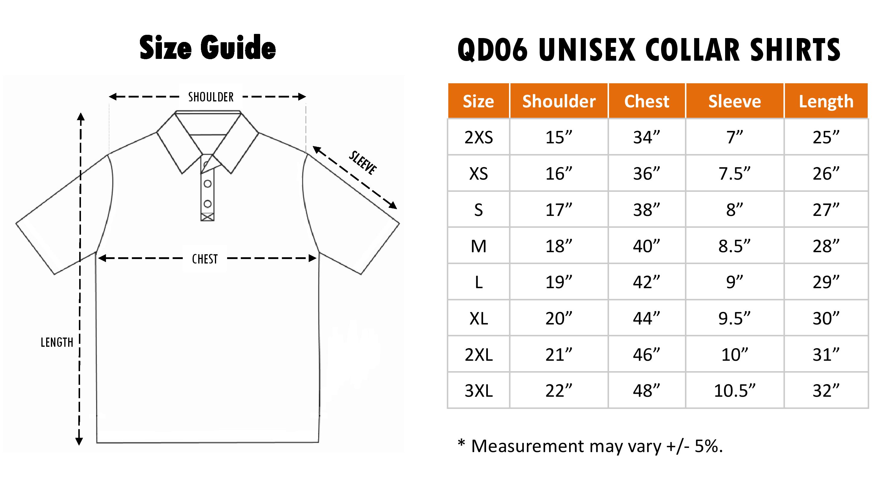 Oren TPR QD06 Drifit Polo Size Chart